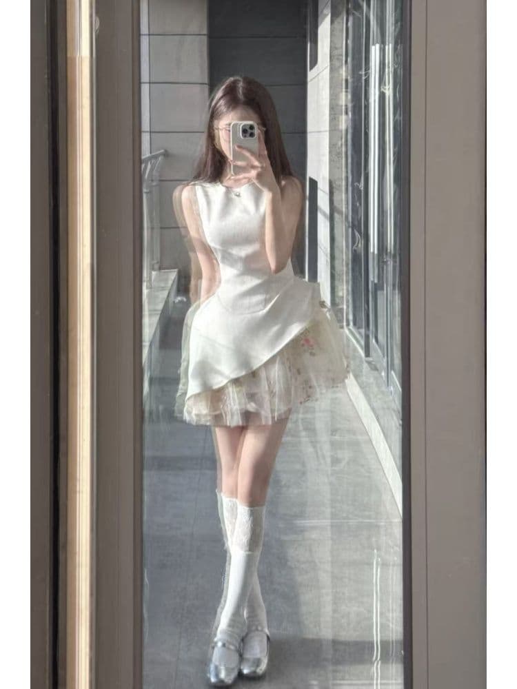 프랑스식 달콤함 패션 품격 불규칙 레이스 조각 조끼 여성 드레스 여름 허리 수축 퍼프 짧은 치마 상세 이미지 9
