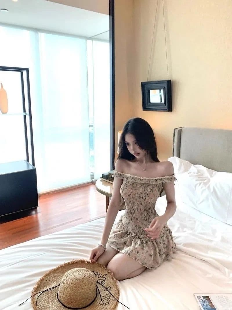 오프숄더 레트로 꽃무늬 민소매 여성 드레스 여름 프릴 몸매 가꾸기 치마 핫걸 허리 수축 한 마디 미니 스커트 이미지 2