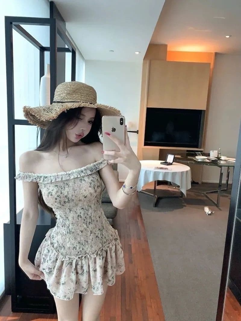 오프숄더 레트로 꽃무늬 민소매 여성 드레스 여름 프릴 몸매 가꾸기 치마 핫걸 허리 수축 한 마디 미니 스커트 이미지 3