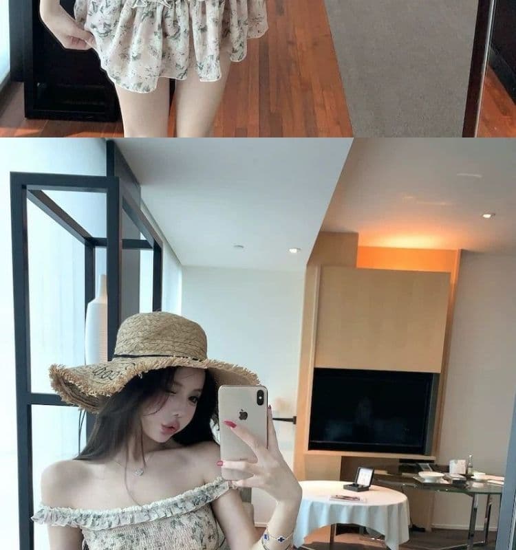 오프숄더 레트로 꽃무늬 민소매 여성 드레스 여름 프릴 몸매 가꾸기 치마 핫걸 허리 수축 한 마디 미니 스커트 상세 이미지 3