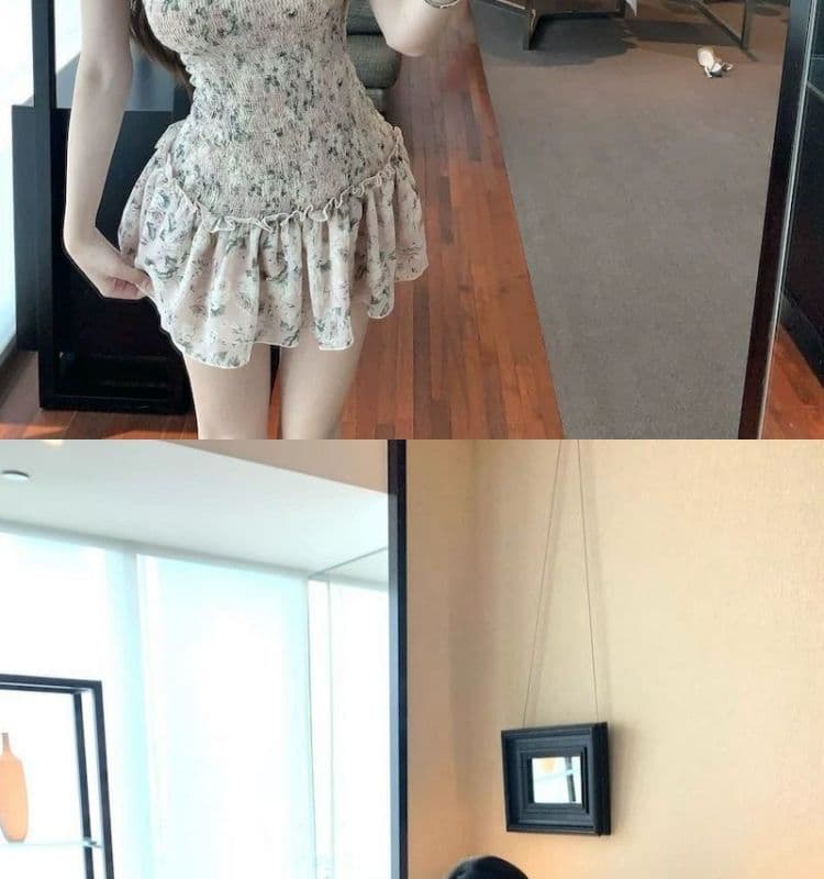 오프숄더 레트로 꽃무늬 민소매 여성 드레스 여름 프릴 몸매 가꾸기 치마 핫걸 허리 수축 한 마디 미니 스커트 상세 이미지 4