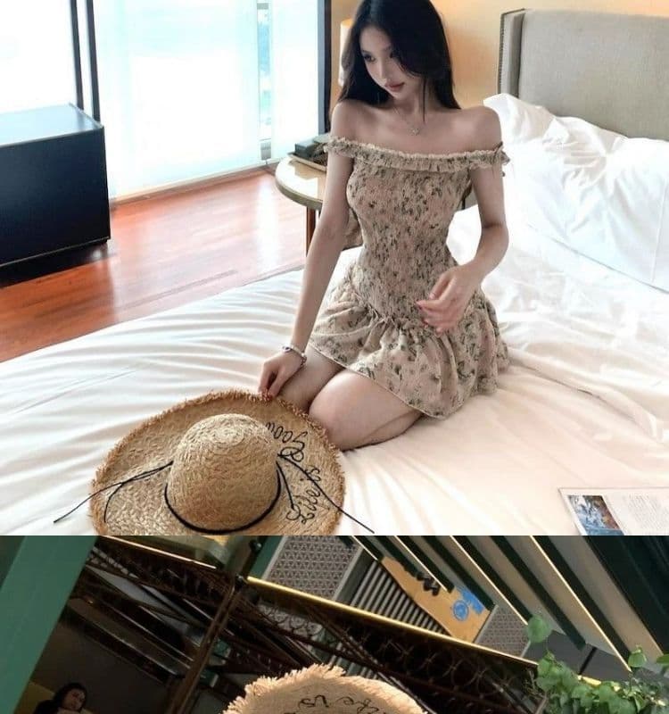 오프숄더 레트로 꽃무늬 민소매 여성 드레스 여름 프릴 몸매 가꾸기 치마 핫걸 허리 수축 한 마디 미니 스커트 상세 이미지 5