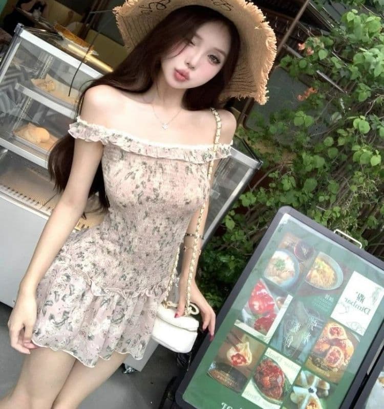 오프숄더 레트로 꽃무늬 민소매 여성 드레스 여름 프릴 몸매 가꾸기 치마 핫걸 허리 수축 한 마디 미니 스커트 상세 이미지 6