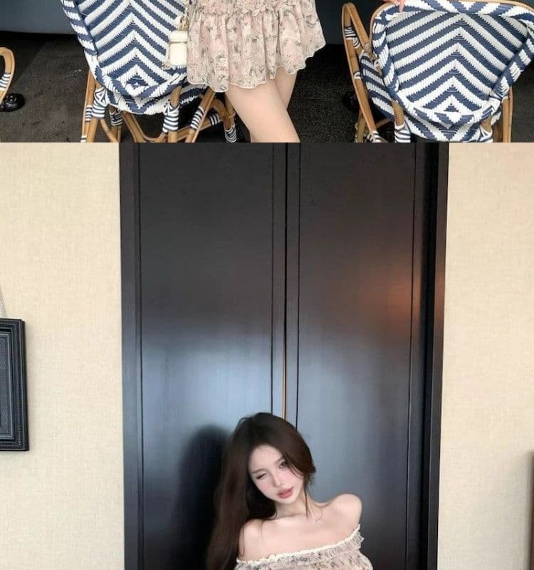 오프숄더 레트로 꽃무늬 민소매 여성 드레스 여름 프릴 몸매 가꾸기 치마 핫걸 허리 수축 한 마디 미니 스커트 상세 이미지 8