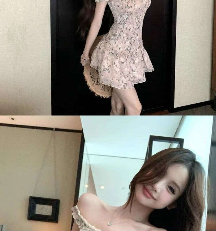 오프숄더 레트로 꽃무늬 민소매 여성 드레스 여름 프릴 몸매 가꾸기 치마 핫걸 허리 수축 한 마디 미니 스커트 상세 이미지 9