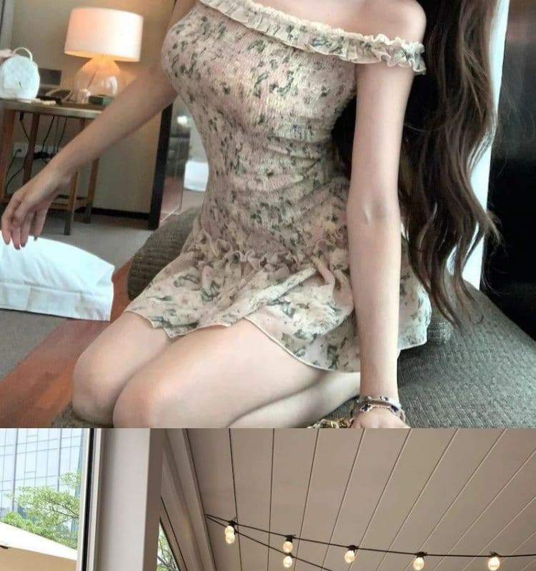 오프숄더 레트로 꽃무늬 민소매 여성 드레스 여름 프릴 몸매 가꾸기 치마 핫걸 허리 수축 한 마디 미니 스커트 상세 이미지 10