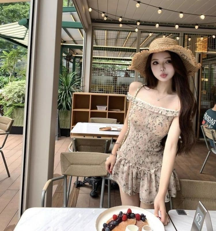 오프숄더 레트로 꽃무늬 민소매 여성 드레스 여름 프릴 몸매 가꾸기 치마 핫걸 허리 수축 한 마디 미니 스커트 상세 이미지 11
