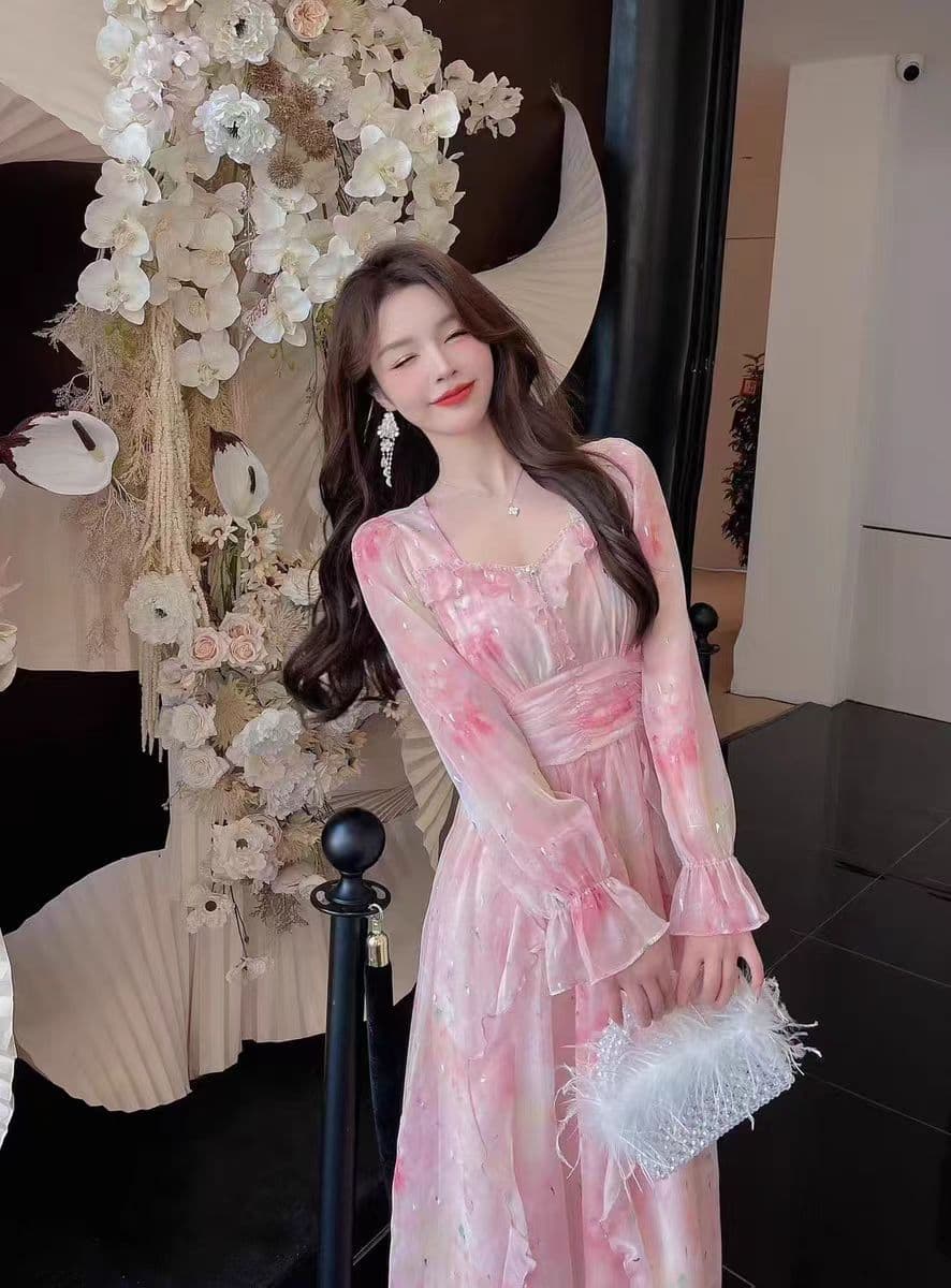 2026 봄 인터넷 유명인 새로운 패션 프랑스식 주간 실크 뜨거운 은 공예 수공 비즈 박기 프릴 빅 플레어 스커트 롱 스커트 상세 이미지 4