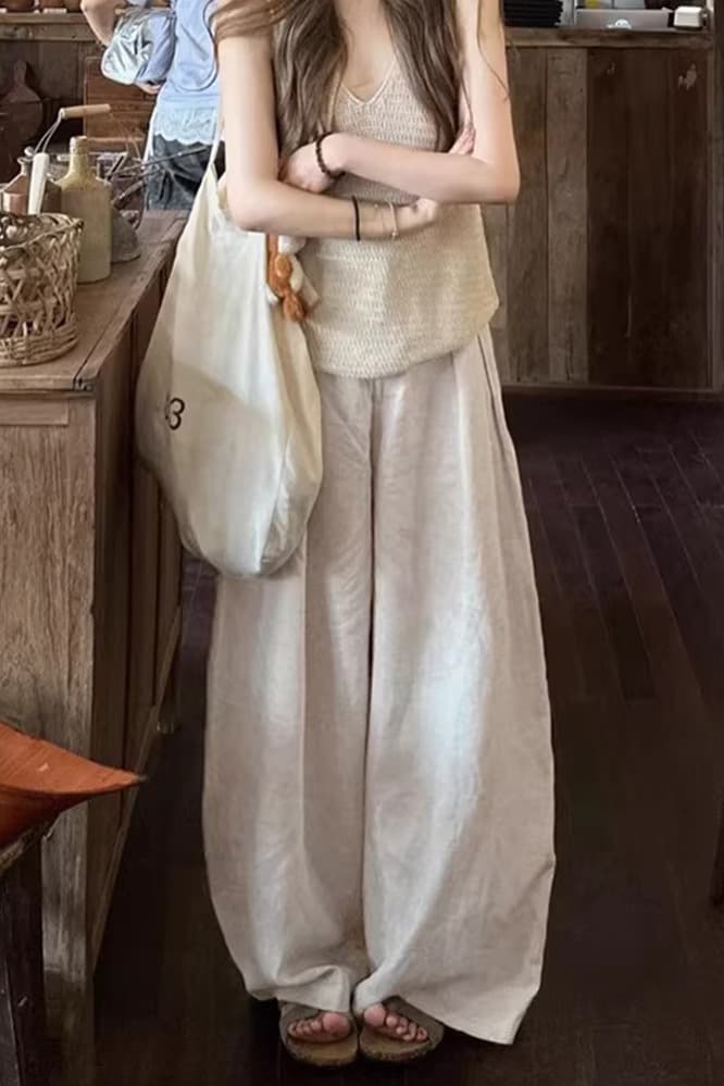 아마 풍선 바지 여성 여름 얇은 스타일 하이웨이스트 슬림해 보이는 면 린넨 와이드 레그 팬츠 작은 키 루즈핏 캐주얼 모통이 칼 바지 이미지 6