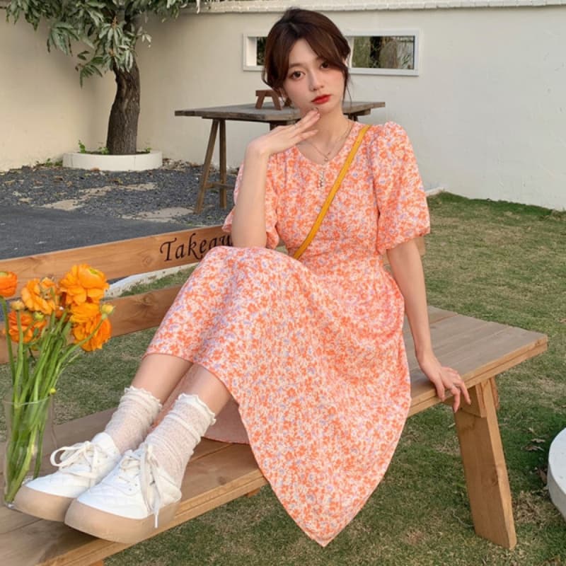 실사 여름 새로운 비즈 박기 칼라 주황색 꽃무늬 드레스 숙녀 거품 소매 반팔 치마 이미지 2