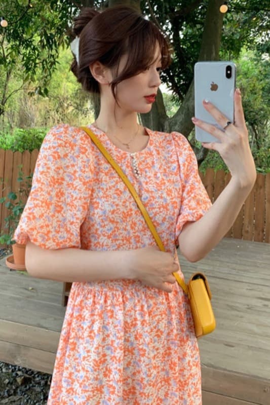 실사 여름 새로운 비즈 박기 칼라 주황색 꽃무늬 드레스 숙녀 거품 소매 반팔 치마 이미지 6
