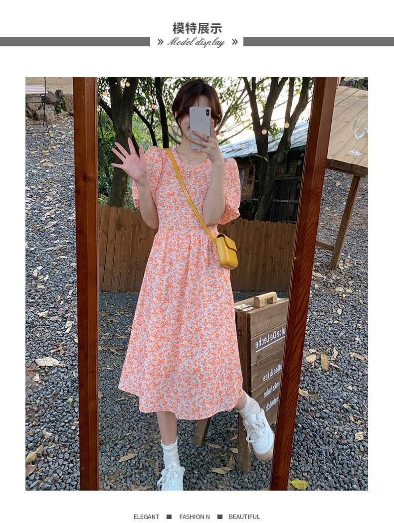 실사 여름 새로운 비즈 박기 칼라 주황색 꽃무늬 드레스 숙녀 거품 소매 반팔 치마 상세 이미지 8