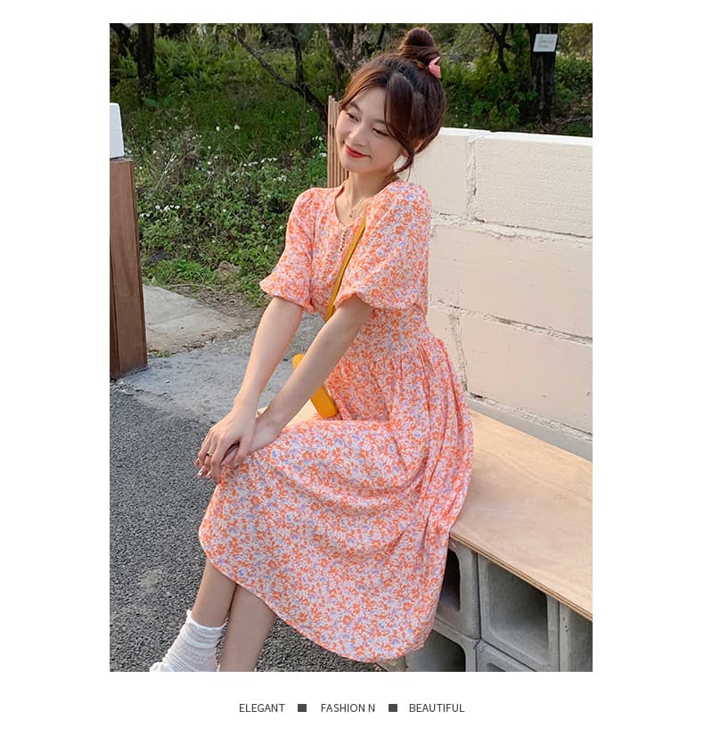 실사 여름 새로운 비즈 박기 칼라 주황색 꽃무늬 드레스 숙녀 거품 소매 반팔 치마 상세 이미지 9