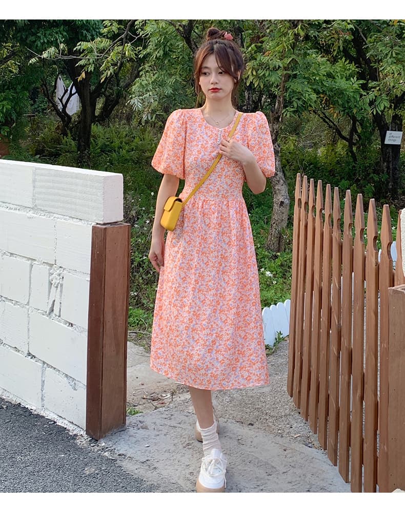 실사 여름 새로운 비즈 박기 칼라 주황색 꽃무늬 드레스 숙녀 거품 소매 반팔 치마 상세 이미지 10