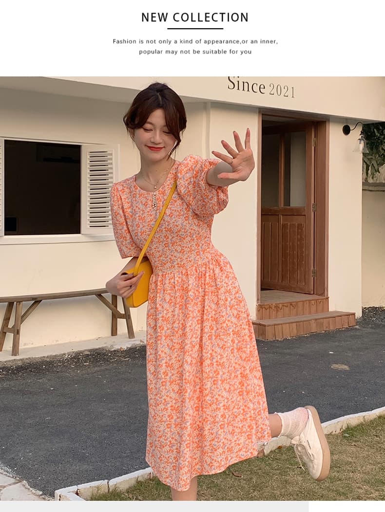 실사 여름 새로운 비즈 박기 칼라 주황색 꽃무늬 드레스 숙녀 거품 소매 반팔 치마 상세 이미지 11