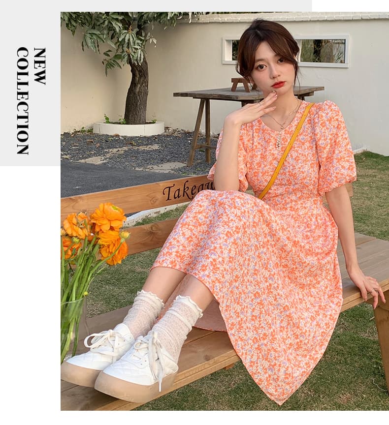 실사 여름 새로운 비즈 박기 칼라 주황색 꽃무늬 드레스 숙녀 거품 소매 반팔 치마 상세 이미지 12