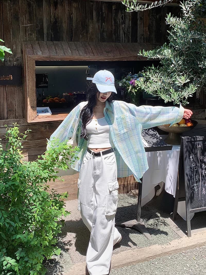 여름 재킷 한 부서 루즈핏 자외선 차단 긴팔 격자 무늬 셔츠 느긋한 디자인 센스 맨위 박하 남자 웨이브 바람 착용 가져 가라. 상세 이미지 6