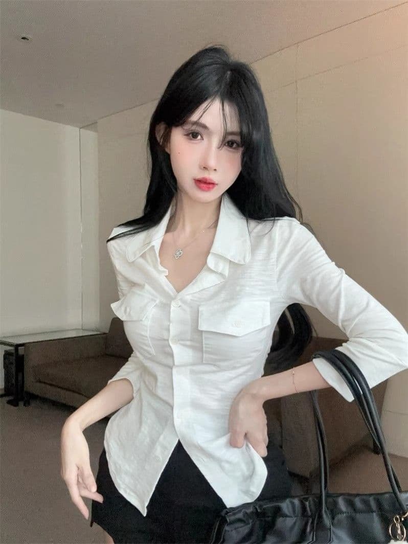 오래된 돈 바람 POLO 칼라 긴팔 여성 셔츠 여름 순수한 욕망 달콤한 핫걸 슬림해 보이는 맨위 고유 한 Chic 자외선 차단 셔츠 이미지 2