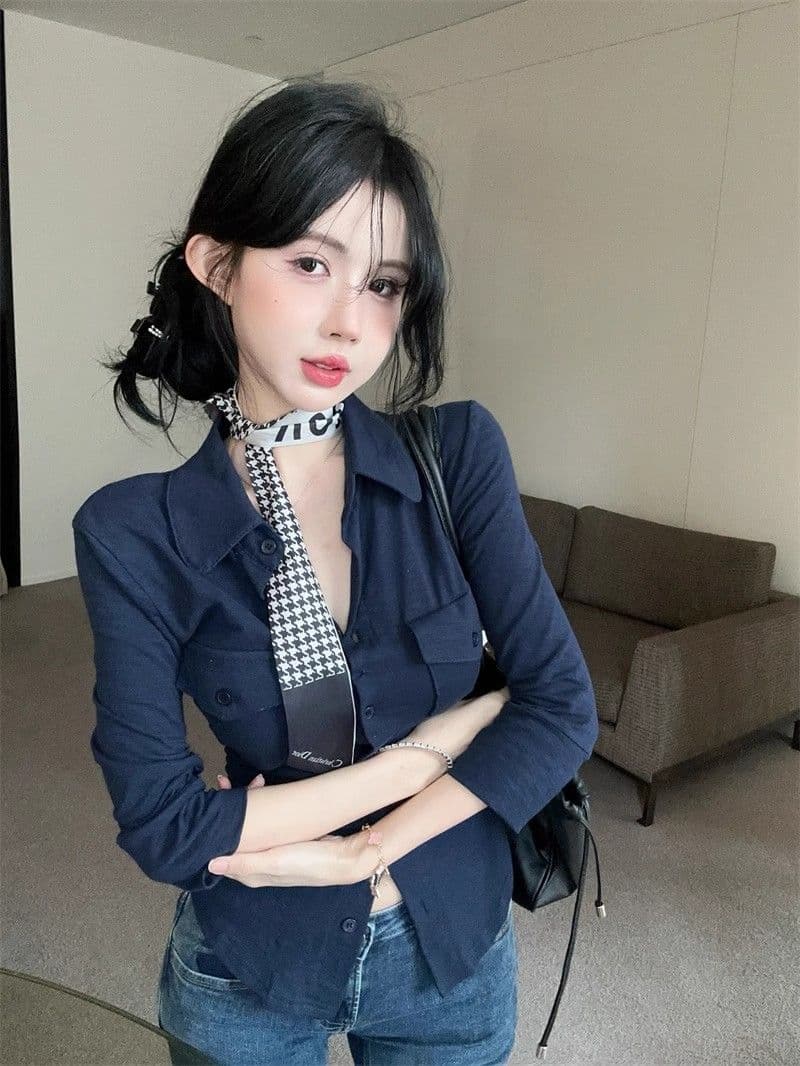 오래된 돈 바람 POLO 칼라 긴팔 여성 셔츠 여름 순수한 욕망 달콤한 핫걸 슬림해 보이는 맨위 고유 한 Chic 자외선 차단 셔츠
