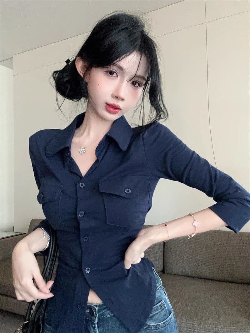오래된 돈 바람 POLO 칼라 긴팔 여성 셔츠 여름 순수한 욕망 달콤한 핫걸 슬림해 보이는 맨위 고유 한 Chic 자외선 차단 셔츠 이미지 4