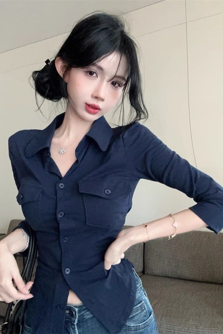 오래된 돈 바람 POLO 칼라 긴팔 여성 셔츠 여름 순수한 욕망 달콤한 핫걸 슬림해 보이는 맨위 고유 한 Chic 자외선 차단 셔츠 이미지 6