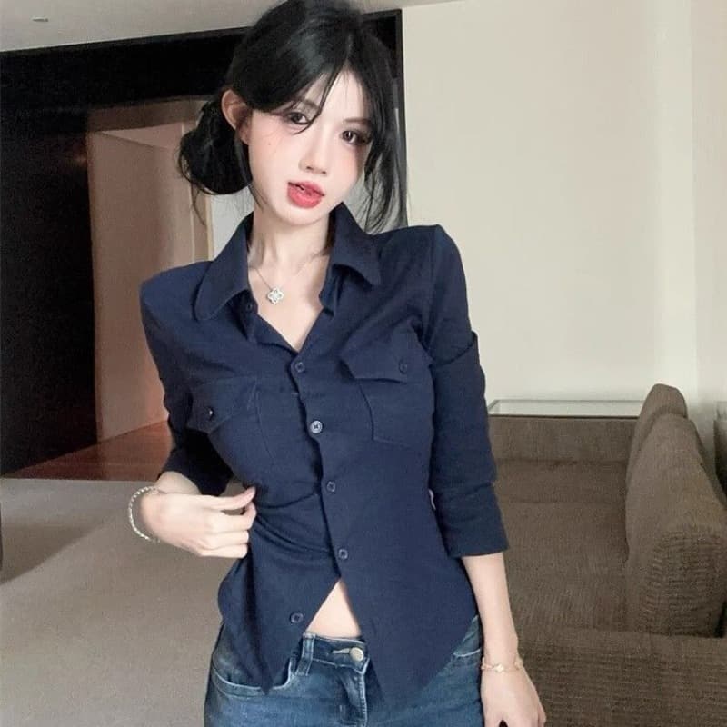 오래된 돈 바람 POLO 칼라 긴팔 여성 셔츠 여름 순수한 욕망 달콤한 핫걸 슬림해 보이는 맨위 고유 한 Chic 자외선 차단 셔츠 이미지 5