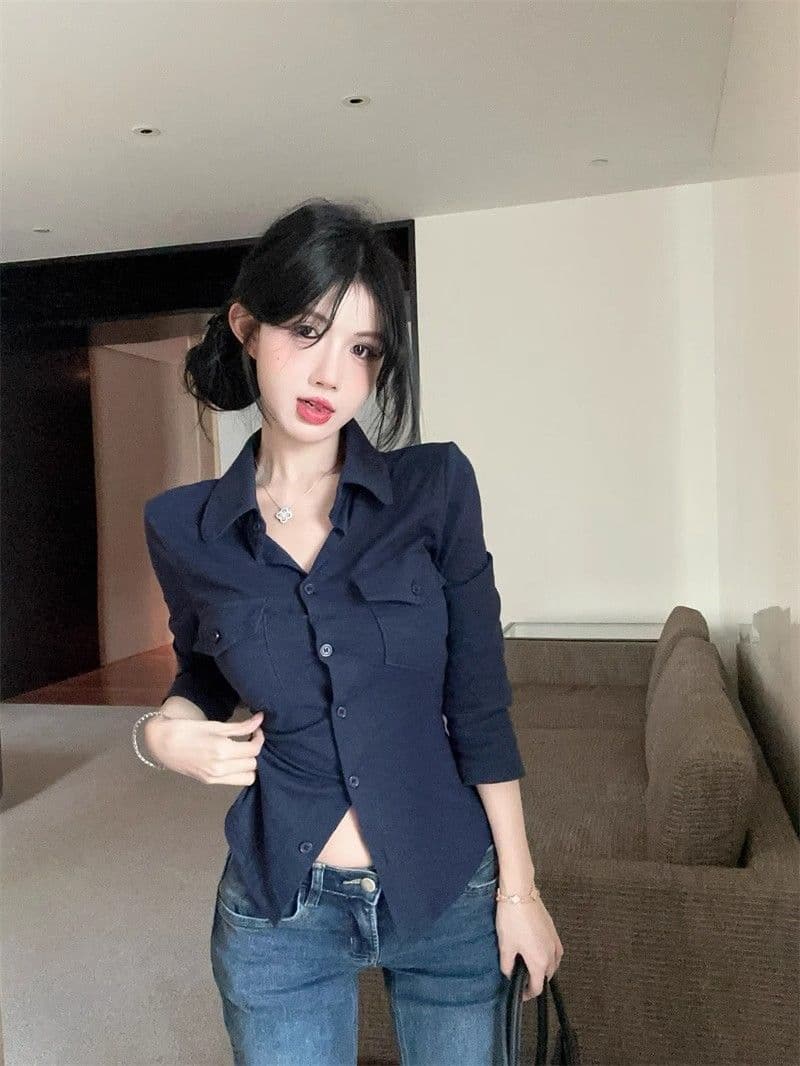 오래된 돈 바람 POLO 칼라 긴팔 여성 셔츠 여름 순수한 욕망 달콤한 핫걸 슬림해 보이는 맨위 고유 한 Chic 자외선 차단 셔츠 상세 이미지 2