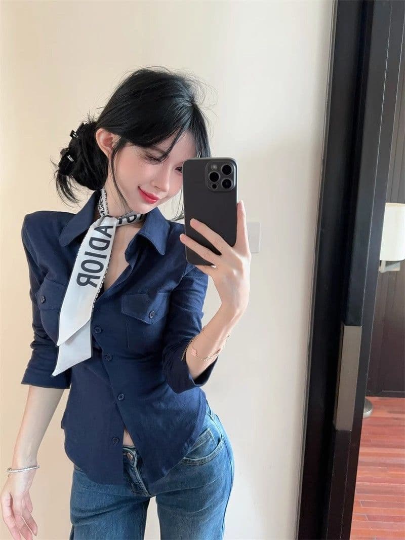 오래된 돈 바람 POLO 칼라 긴팔 여성 셔츠 여름 순수한 욕망 달콤한 핫걸 슬림해 보이는 맨위 고유 한 Chic 자외선 차단 셔츠 상세 이미지 3