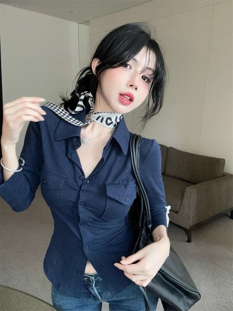 오래된 돈 바람 POLO 칼라 긴팔 여성 셔츠 여름 순수한 욕망 달콤한 핫걸 슬림해 보이는 맨위 고유 한 Chic 자외선 차단 셔츠 상세 이미지 5