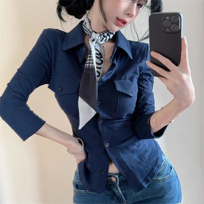 오래된 돈 바람 POLO 칼라 긴팔 여성 셔츠 여름 순수한 욕망 달콤한 핫걸 슬림해 보이는 맨위 고유 한 Chic 자외선 차단 셔츠 상세 이미지 6