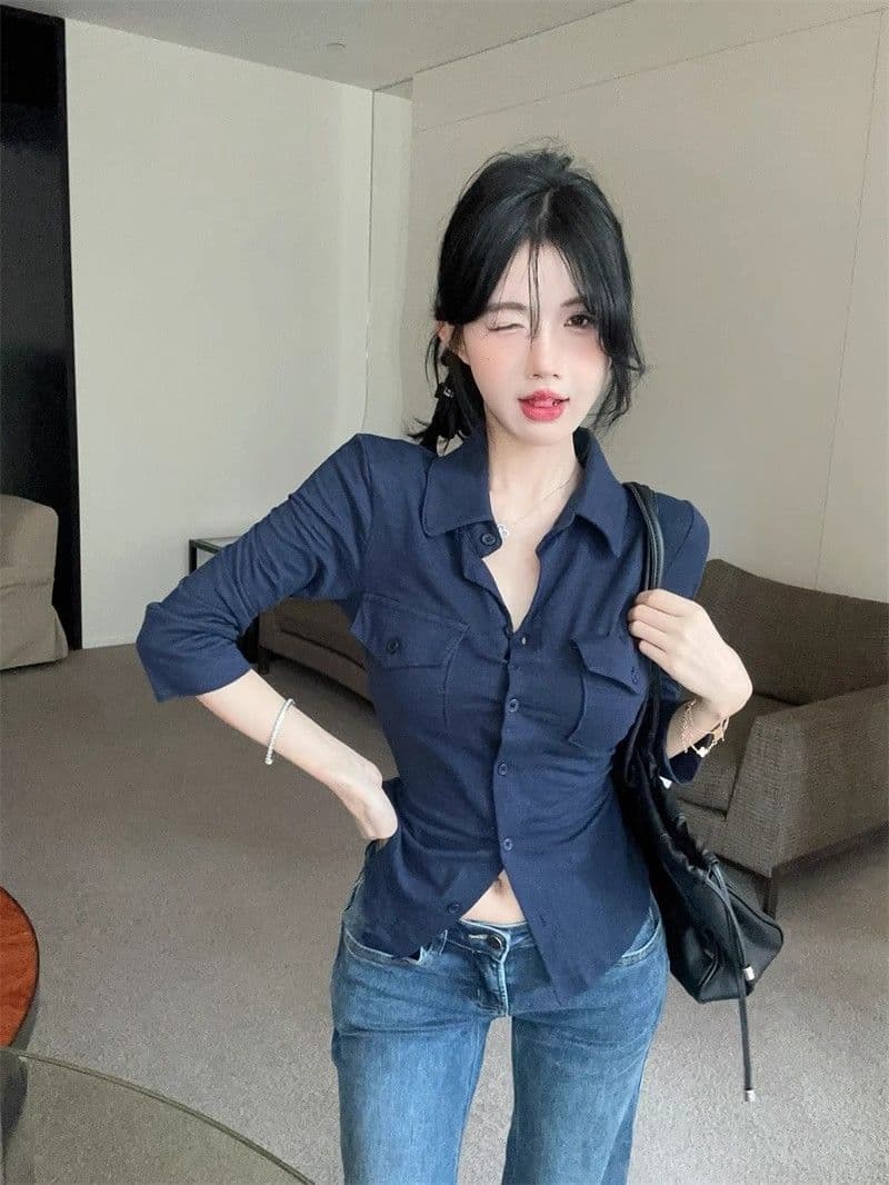 오래된 돈 바람 POLO 칼라 긴팔 여성 셔츠 여름 순수한 욕망 달콤한 핫걸 슬림해 보이는 맨위 고유 한 Chic 자외선 차단 셔츠 상세 이미지 7