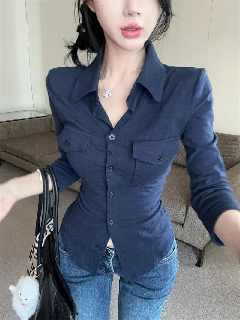 오래된 돈 바람 POLO 칼라 긴팔 여성 셔츠 여름 순수한 욕망 달콤한 핫걸 슬림해 보이는 맨위 고유 한 Chic 자외선 차단 셔츠 상세 이미지 8