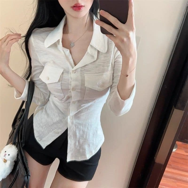 오래된 돈 바람 POLO 칼라 긴팔 여성 셔츠 여름 순수한 욕망 달콤한 핫걸 슬림해 보이는 맨위 고유 한 Chic 자외선 차단 셔츠 상세 이미지 9