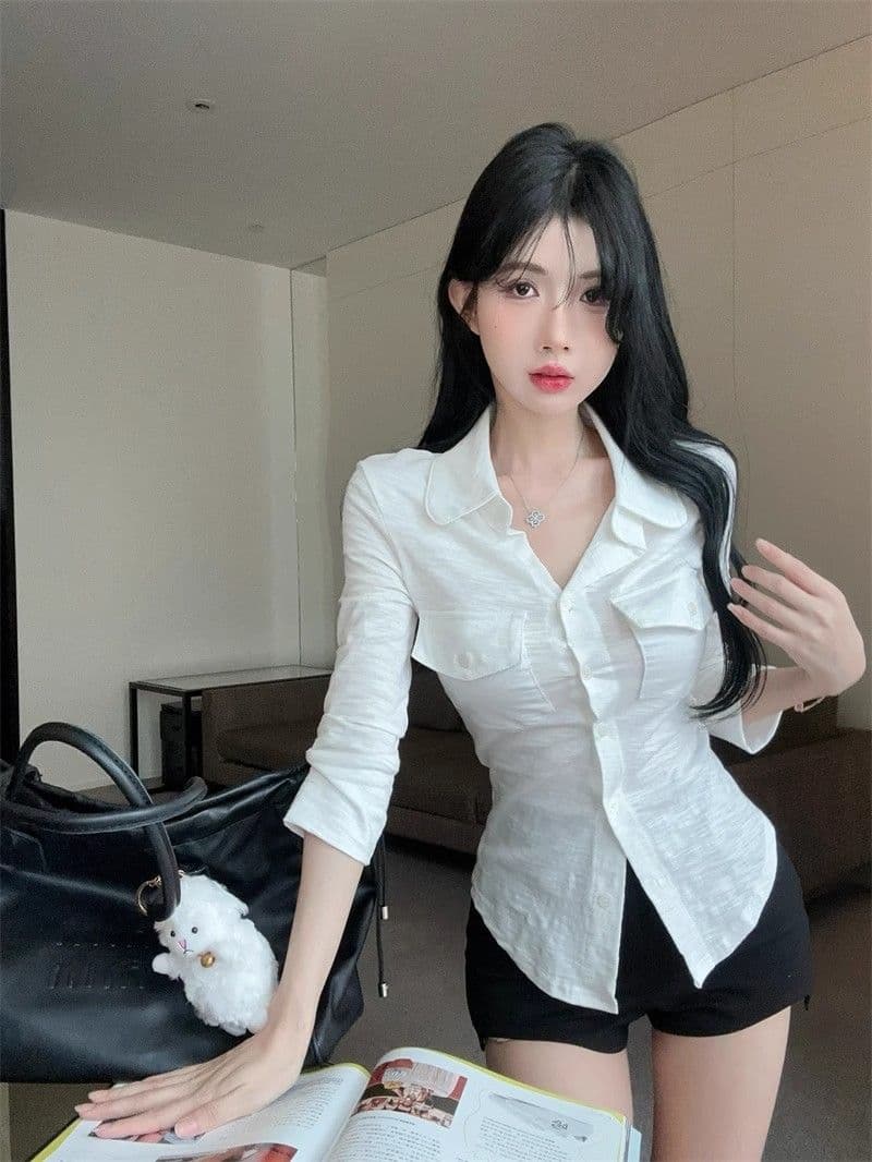 오래된 돈 바람 POLO 칼라 긴팔 여성 셔츠 여름 순수한 욕망 달콤한 핫걸 슬림해 보이는 맨위 고유 한 Chic 자외선 차단 셔츠 상세 이미지 10