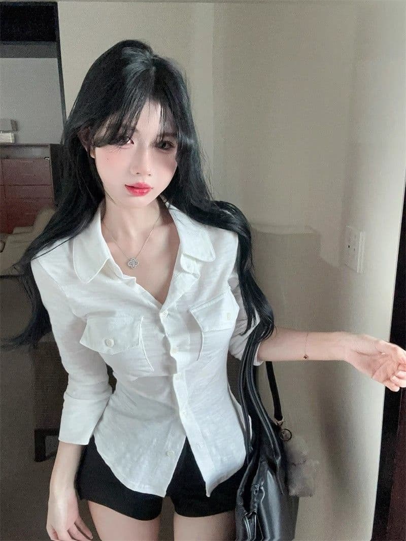 오래된 돈 바람 POLO 칼라 긴팔 여성 셔츠 여름 순수한 욕망 달콤한 핫걸 슬림해 보이는 맨위 고유 한 Chic 자외선 차단 셔츠 상세 이미지 11