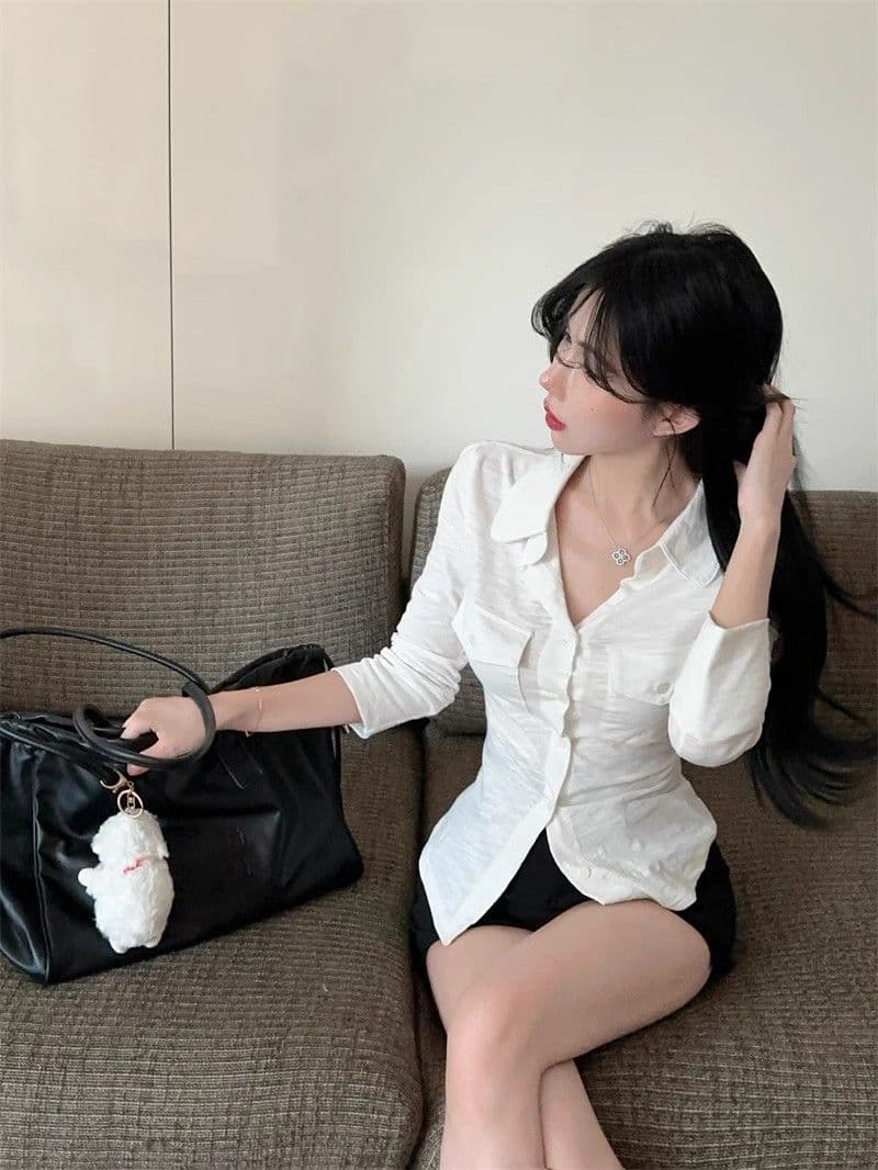 오래된 돈 바람 POLO 칼라 긴팔 여성 셔츠 여름 순수한 욕망 달콤한 핫걸 슬림해 보이는 맨위 고유 한 Chic 자외선 차단 셔츠 상세 이미지 12