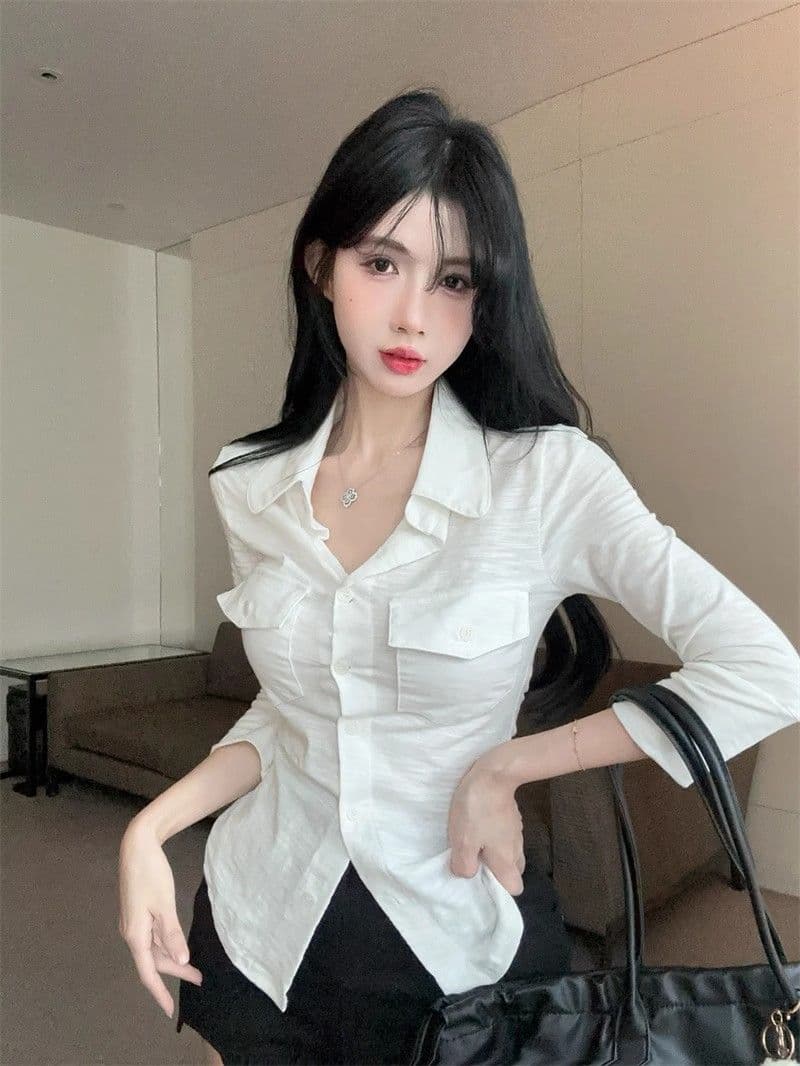 오래된 돈 바람 POLO 칼라 긴팔 여성 셔츠 여름 순수한 욕망 달콤한 핫걸 슬림해 보이는 맨위 고유 한 Chic 자외선 차단 셔츠 상세 이미지 13