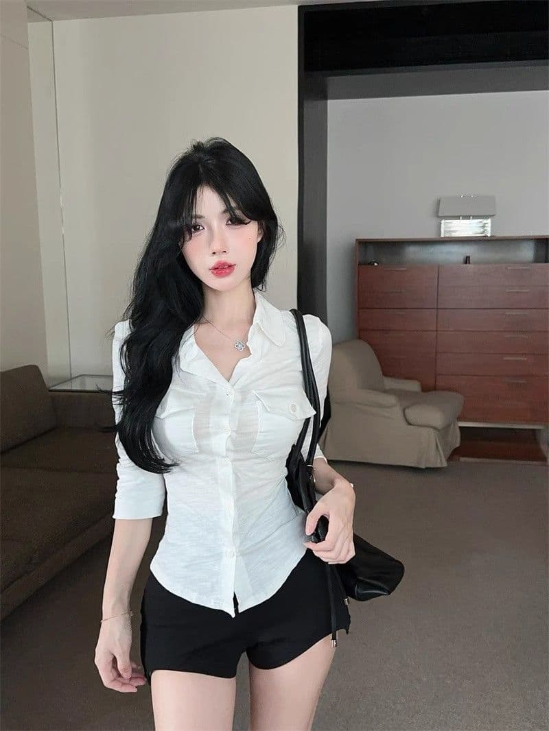 오래된 돈 바람 POLO 칼라 긴팔 여성 셔츠 여름 순수한 욕망 달콤한 핫걸 슬림해 보이는 맨위 고유 한 Chic 자외선 차단 셔츠 상세 이미지 14