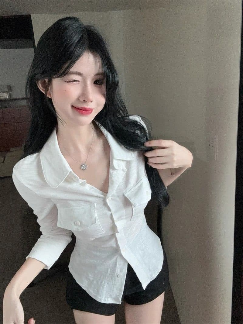 오래된 돈 바람 POLO 칼라 긴팔 여성 셔츠 여름 순수한 욕망 달콤한 핫걸 슬림해 보이는 맨위 고유 한 Chic 자외선 차단 셔츠 상세 이미지 15