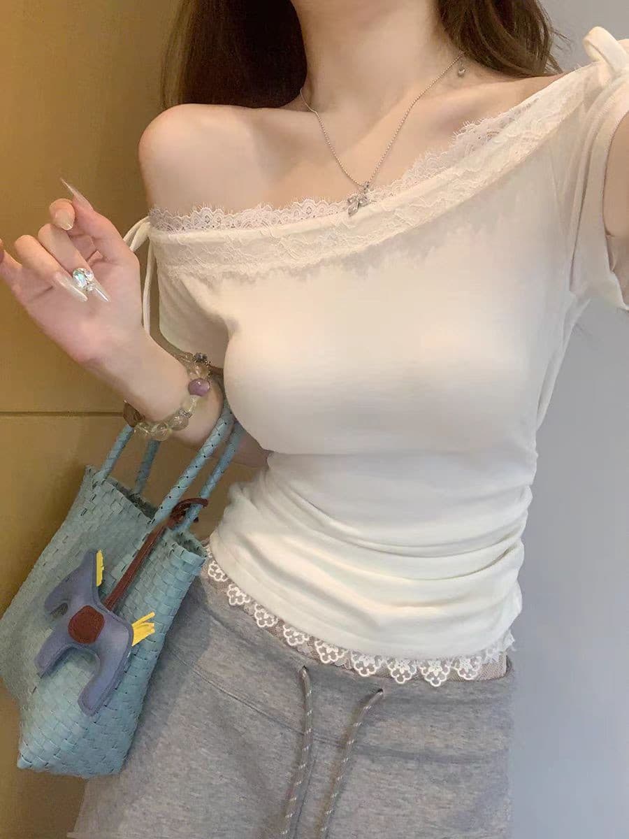 원본 원단 여름 새로운 순수한 욕망 오프숄더 부서 오프숄더 레이스 측면 주름 디자인 센스 반팔 티셔츠 맨위 상세 이미지 6