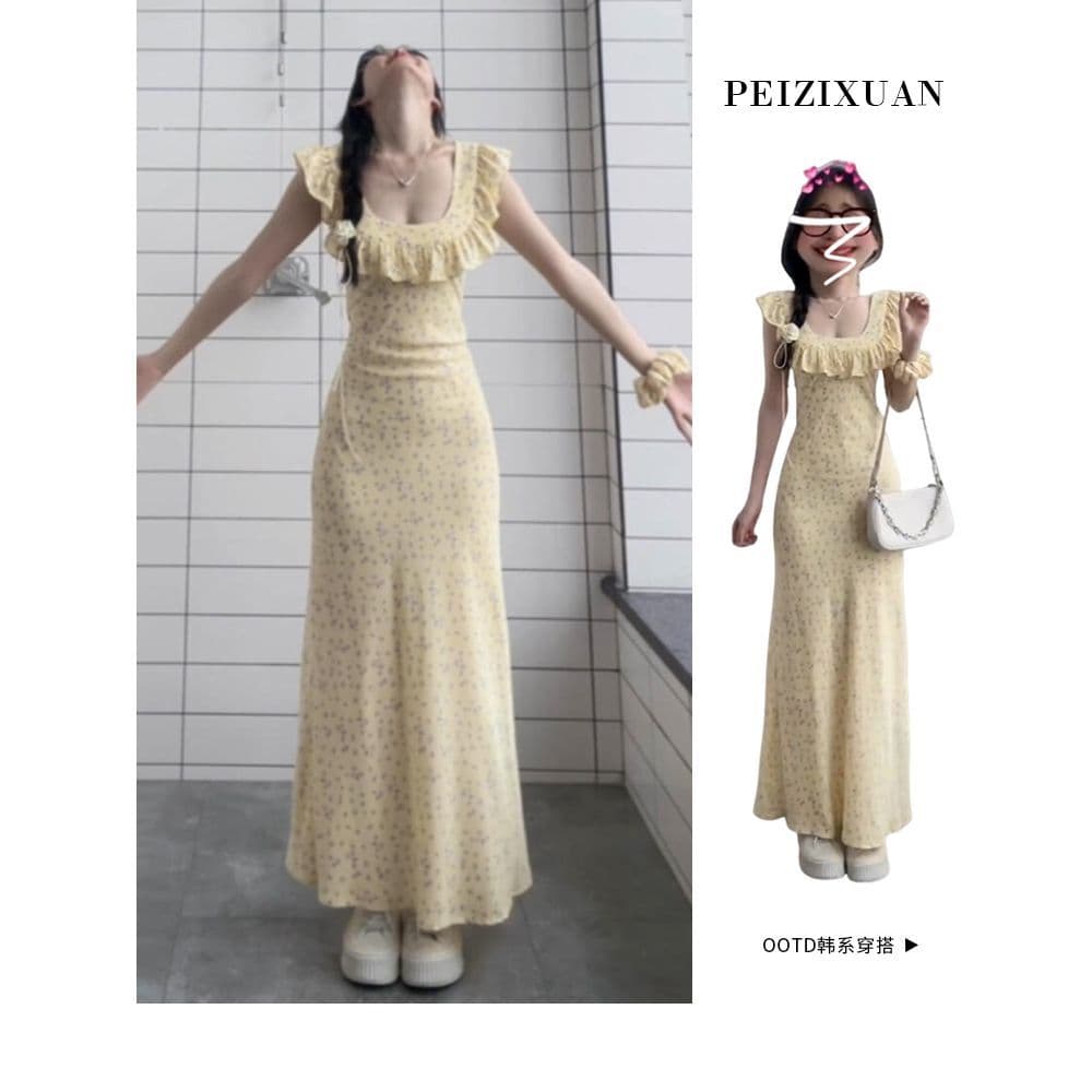 프랑스식 복잡한 고대 칼라 꽃무늬 드레스 몸매 가꾸기 여름 연꽃 잎 2026 새로운 품격 치마 롱 스커트