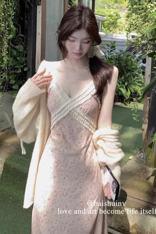 여름 새로운 프랑스식 V넥 꽃무늬 슬립 여성 드레스 패치워크 레이스 몸매 가꾸기 슬림해 보이는 도루 센스 프린트 치마 이미지 6
