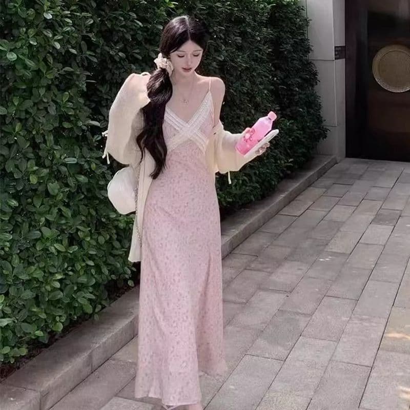 프랑스식 차 휴식 핑크색 꽃무늬 슬립 여성 드레스 2026 여름 작은 키 허리 수축 휴가 민소매 길다 치마 이미지 2