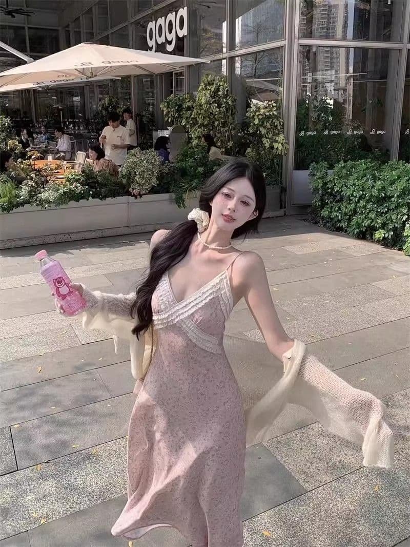 프랑스식 차 휴식 핑크색 꽃무늬 슬립 여성 드레스 2026 여름 작은 키 허리 수축 휴가 민소매 길다 치마 상세 이미지 4