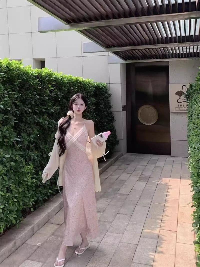 프랑스식 차 휴식 핑크색 꽃무늬 슬립 여성 드레스 2026 여름 작은 키 허리 수축 휴가 민소매 길다 치마 상세 이미지 14