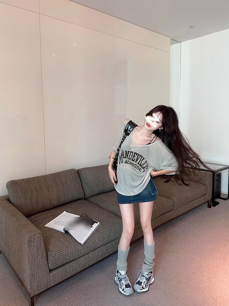 경관 그림 원본 주간 실크 양모 대 u 칼라 마이크로 ~을 통해 루즈핏 중간 길이 반팔 티셔츠 여성 의류 빅 사이즈 여름 상세 이미지 5