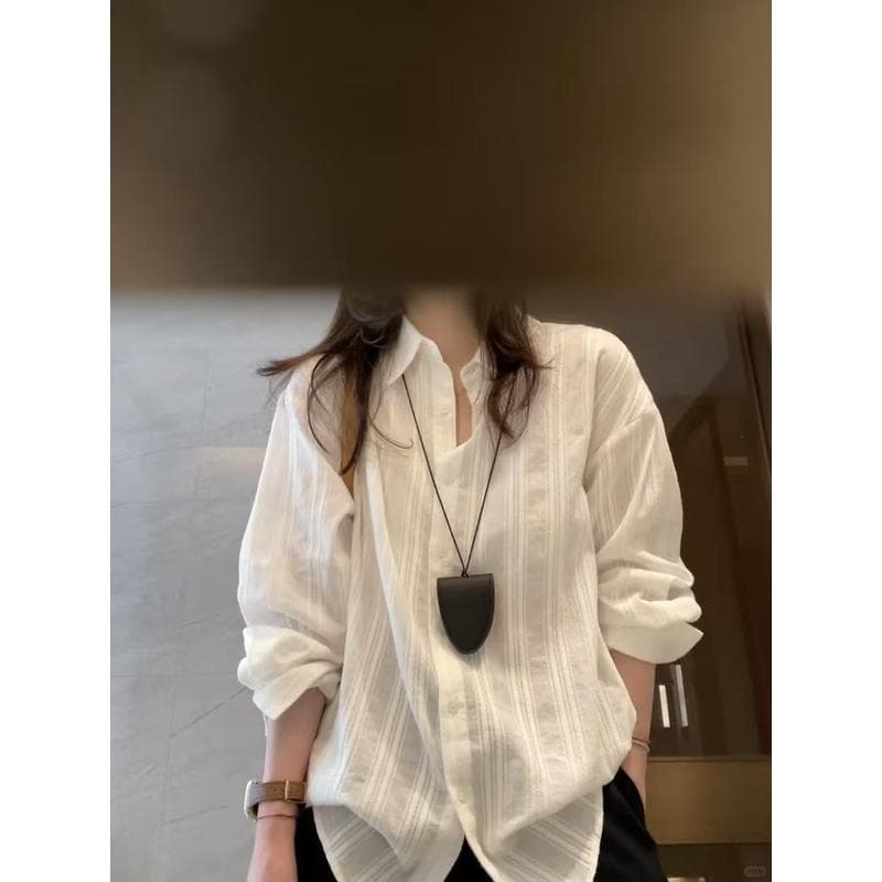 경관 그림 면 순면 세로 줄무늬 여성 셔츠 봄 여름 캐주얼 셔츠 긴팔 자외선 차단 맨위 재킷 상세 이미지 12