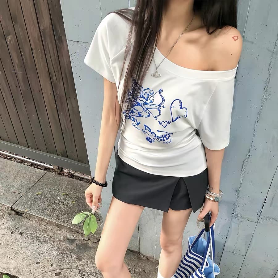 220 그램 92 면 8 암모니아 Lun 아메리칸 핫걸 비스듬한 어깨 알파벳 프린트 반팔 티셔츠 여성