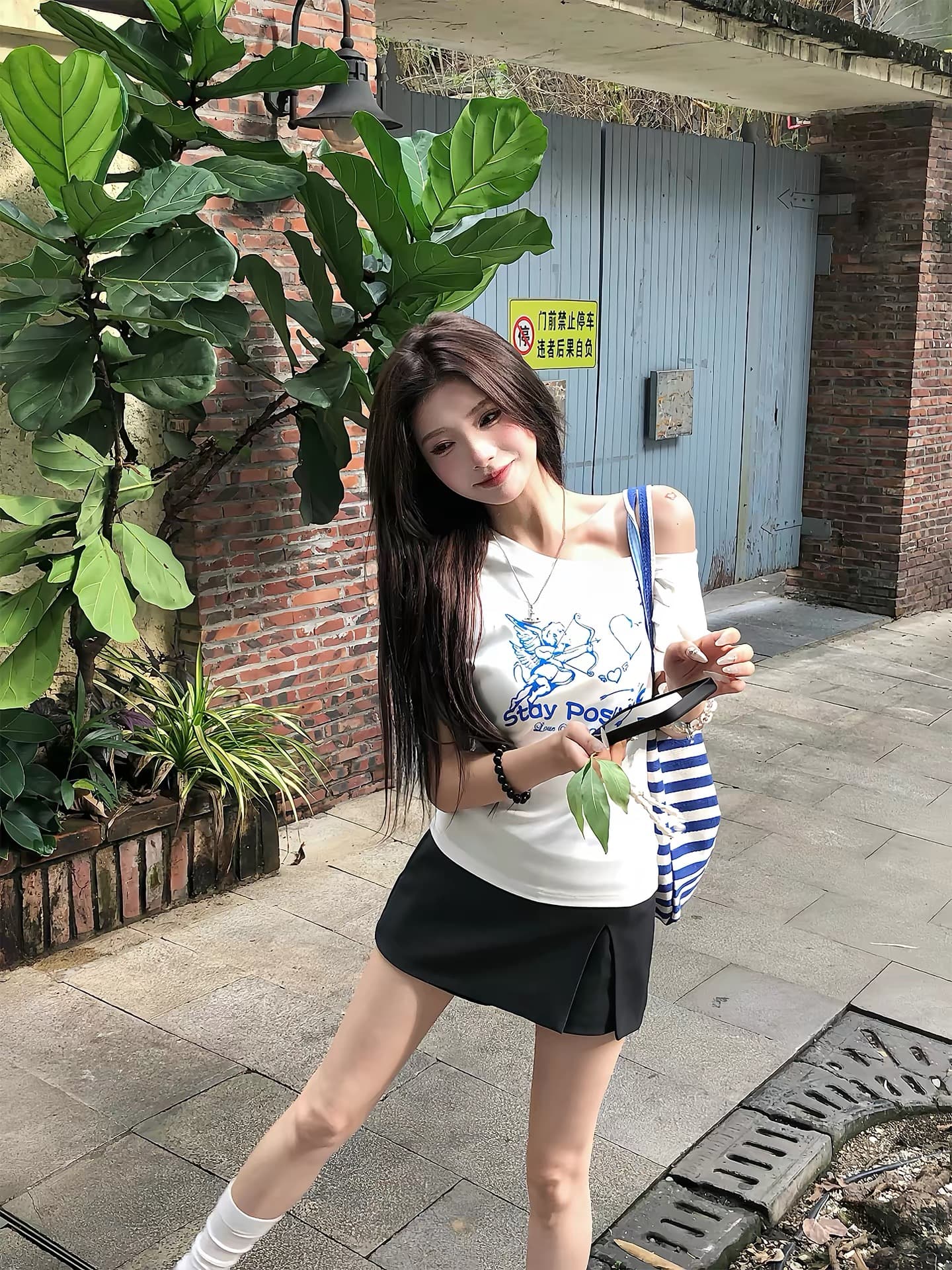 220 그램 92 면 8 암모니아 Lun 아메리칸 핫걸 비스듬한 어깨 알파벳 프린트 반팔 티셔츠 여성 이미지 3
