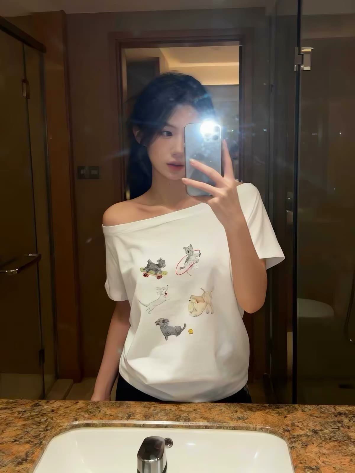 220 그램 92 면 8 암모니아 Lun 아메리칸 핫걸 비스듬한 어깨 알파벳 프린트 반팔 티셔츠 여성